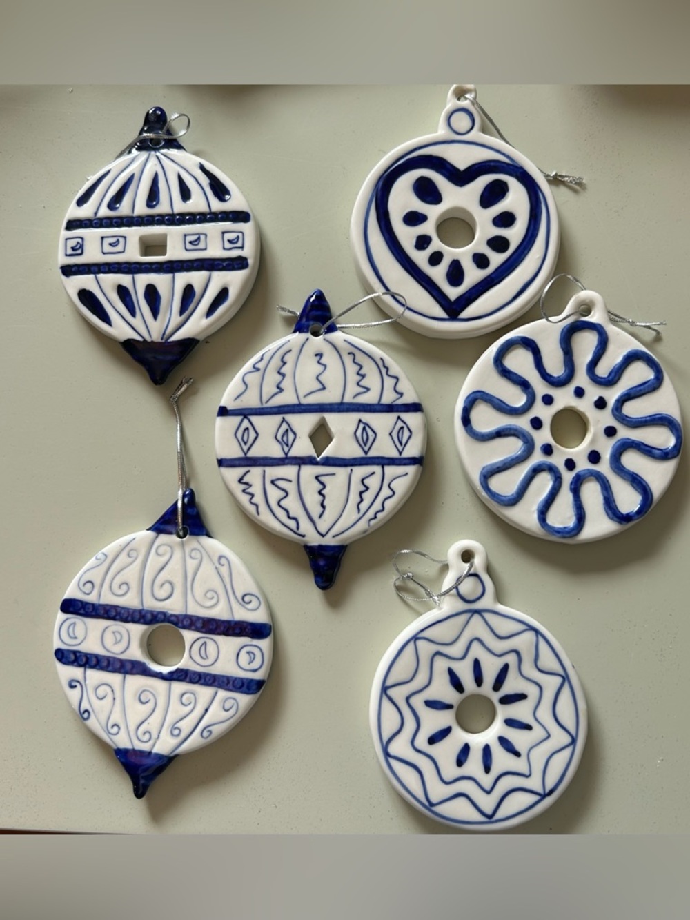Set of 6 Handmade Blue & White Ceramic Ornaments – Scandinavian Folk Style